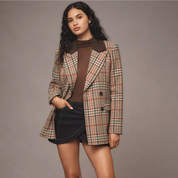 Avec Les Filles Double-Breasted Elbow-Patch Plaid Jacket - X-Small (NWT) - Picture 1 of 13